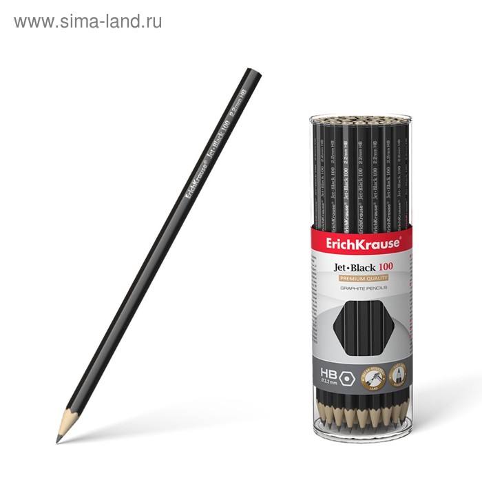 Карандаш чернографитный HB, 2.2 мм, ErichKrause Jet Black 100, шестигранный, из отборной древесины, в тубусе - Фото 1