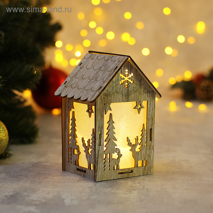 Подвеска световая "Домик с Оленем", 11х15х8 см, 1 LED, бат.(в комп), серое окно, Т/БЕЛЫЙ - Фото 1