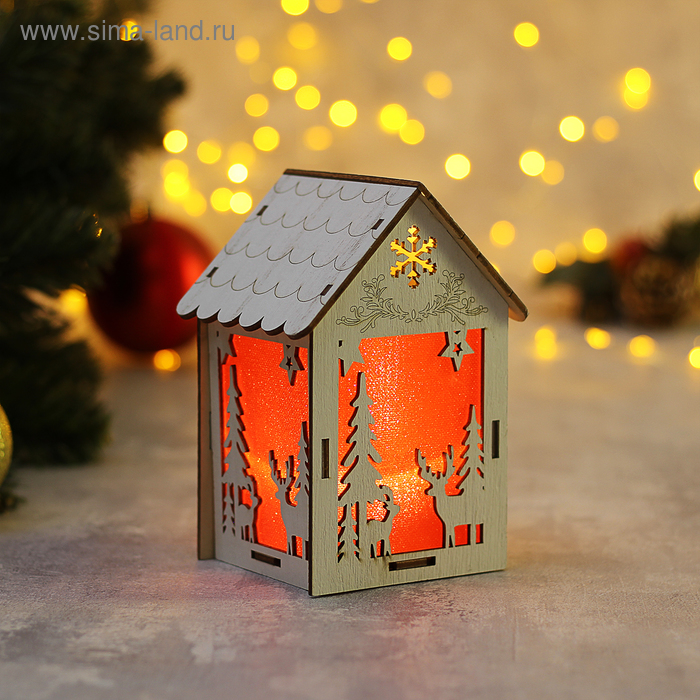 Подвеска световая "Домик с Оленем", 11х15х8 см, 1 LED, бат.(в комп), красное окно, Т/БЕЛЫЙ - Фото 1