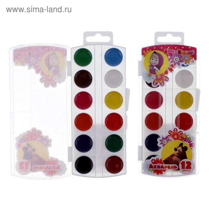 Акварель 12 цветов "Маша и Медведь" - Фото 1