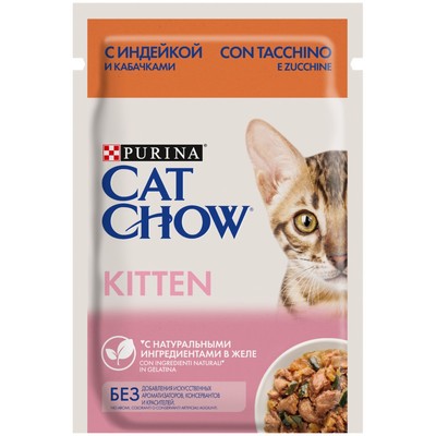 Влажный корм Cat Chow для котят, индейка/кабачок в желе, пауч, 85 г