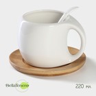 Чайная пара керамическая с ложкой BellaTenero, 3 предмета: чашка 220 мл, ложка, деревянное блюдце, цвет белый - Фото 1