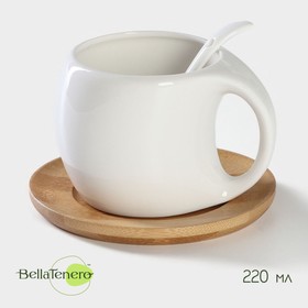 Чайная пара керамическая «Эстет», 2 предмета: чашка 220 мл, деревянное блюдце, цвет белый