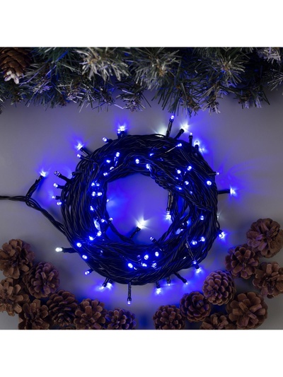 Гирлянда «Нить» 10 м, IP44, УМС, тёмная нить, 100 LED, свечение синее, мерцание белым, 220 В