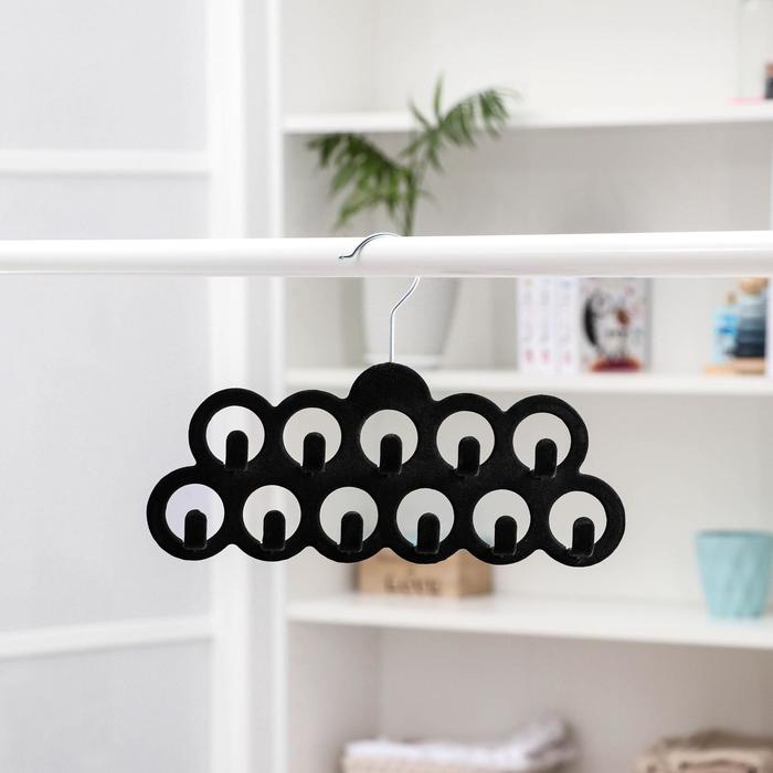 Плечики для ремней и галстуков Доляна, 11 крючков, флокированное покрытие, 30,5×20,5 см, цвет чёрный - Фото 1