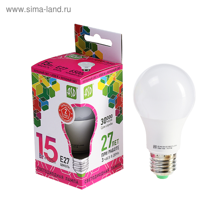 Лампа светодиодная ASD LED-A60-standard, Е27, 15 Вт, 230 В, 6500 К, 1350 Лм - Фото 1