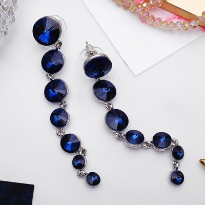 Серьги висячие со стразами «Роскошь» дорожка с кругами, цвет синий в серебре