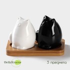 Набор фарфоровый для специй на бамбуковой подставке BellaTenero «Котики», 3 предмета: солонка, перечница, подставка, белый, чёрный - Фото 1