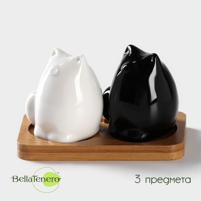 Набор фарфоровый для специй на бамбуковой подставке BellaTenero «Котики», 3 предмета: солонка, перечница, подставка, белый, чёрный - Фото 1