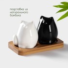 Набор фарфоровый для специй на бамбуковой подставке BellaTenero «Котики», 3 предмета: солонка, перечница, подставка, цвет белый и чёрный - Фото 2