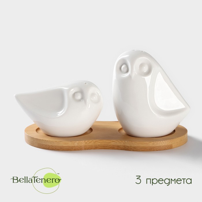 Набор для специй BellaTenero «Совы», солонка 100 мл, перечница 130 мл, на бамбуковой подставке, фарфор, белый - Фото 1