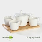Набор фарфоровый чайный на бамбуковой подставке Доляна «Эстет», 5 предметов: чайник 800 мл, 4 кружки 220 мл, цвет белый - Фото 1