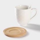 Набор керамический чайный на бамбуковой подставке BellaTenero, 6 предметов: 2 чашки 350 мл, 2 деревянных блюдца d=12 см, 2 ложки, цвет белый - Фото 4