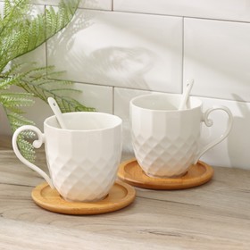 Набор керамический чайный «Эстет», 6 предметов: 2 чашки 350 мл, 2 деревянных блюдца, 2 ложки, цвет белый