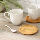 Набор керамический чайный «Эстет», 6 предметов: 2 чашки 350 мл, 2 деревянных блюдца, 2 ложки, цвет белый - Фото 3