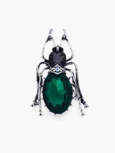 Брошь «Жук», серо-зелёная в чернёном серебре