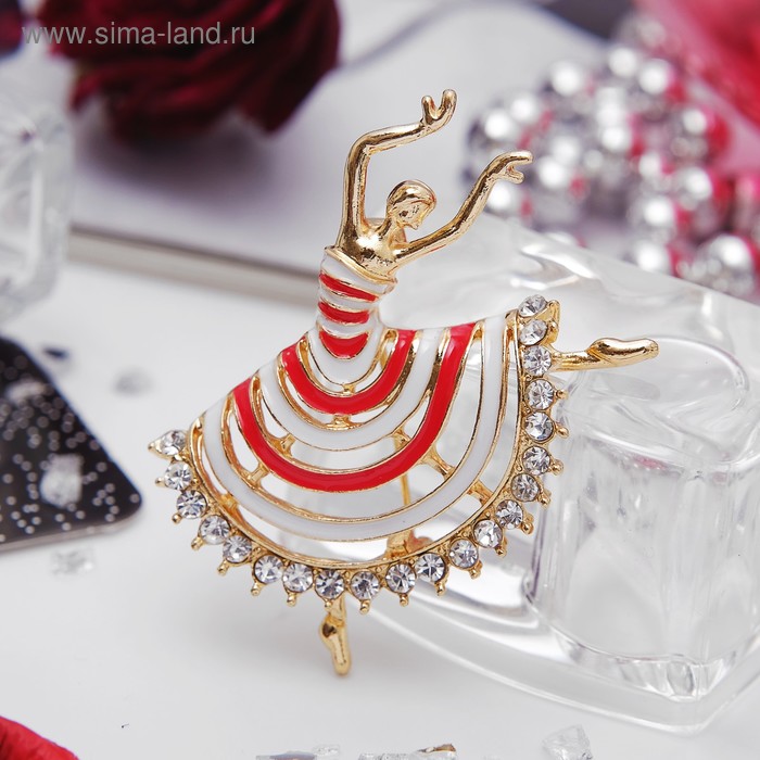 Брошь «Балерина» в полосатом платье, цвет красно-белый в золоте - Фото 1