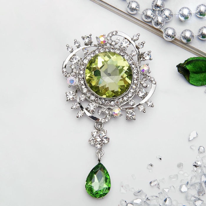 Брошь «Императрица» круг, бело-зелёная в серебре - Фото 1