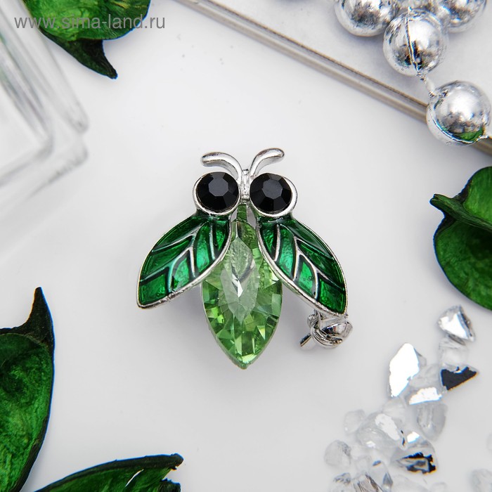 Брошь «Муха» эллипс, цвет зеленый в серебре - Фото 1