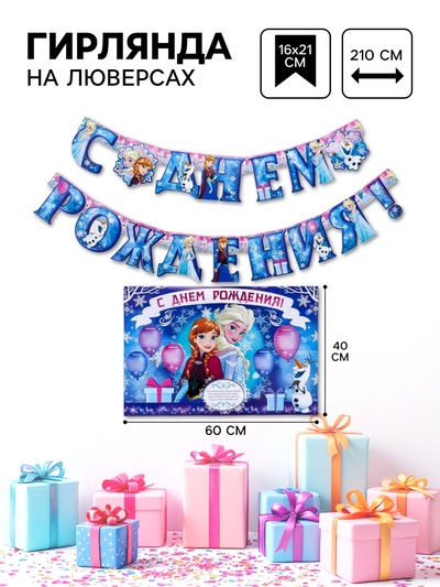 Гирлянда на люверсах с плакатом «С Днем Рождения», длина 210 см, Холодное сердце