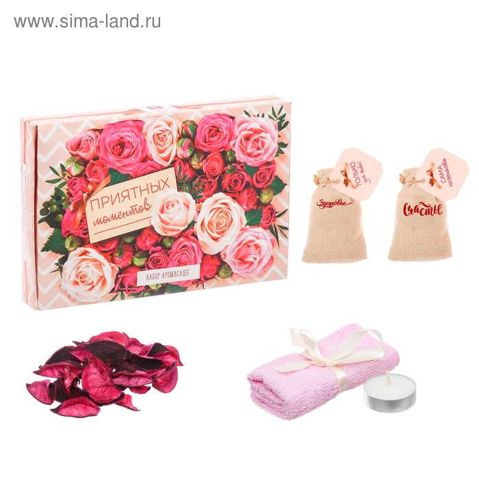Набор: 2 мешочка аромасаше, сухоцветы, свеча и полотенце "Приятных моментов" - Фото 1