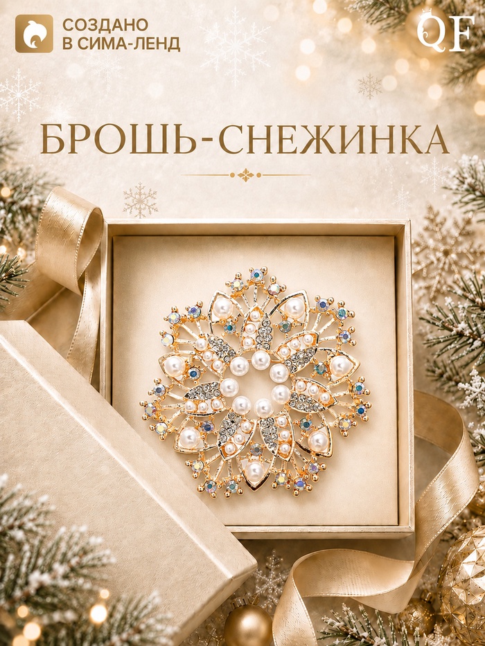 Брошь новогодняя с жемчугом «Снежинка», белая в золоте - Фото 1