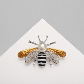 Брошь "Пчела" крупная, цвет чёрно-белый в серебре