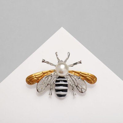 Брошь «Пчела» крупная, цвет чёрно-белый в серебре