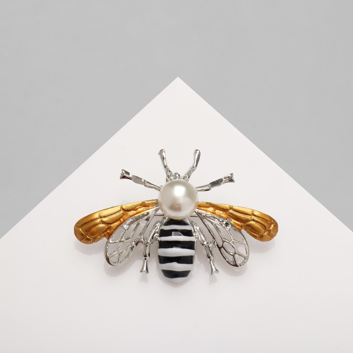 Брошь «Пчела» крупная, цвет чёрно-белый в серебре - Фото 1
