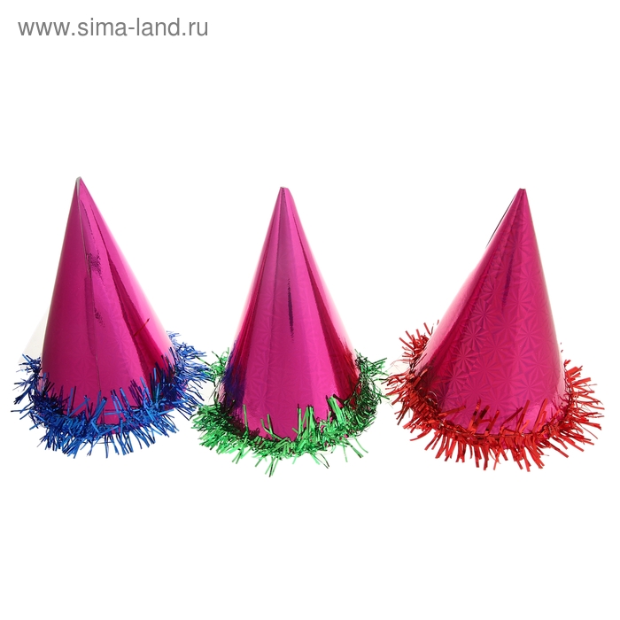 Карнавальный колпак (набор 6 шт), цвет розовый с мишурой - Фото 1