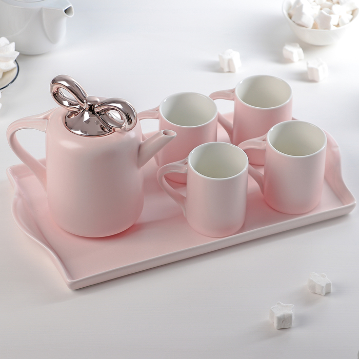 Набор керамический чайный на подставке «Бант», 5 предметов: чайник 900 мл, 4 кружки 200 мл - фото 1893740402