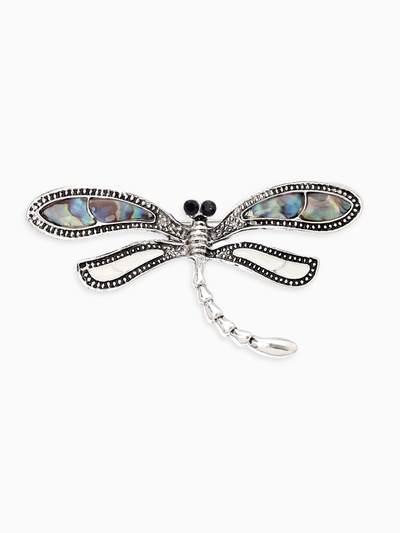 Брошь «Стрекоза» ракушка, цветная в чернёном серебре