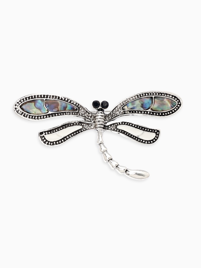 Брошь «Стрекоза» ракушка, цветная в чернёном серебре - Фото 1