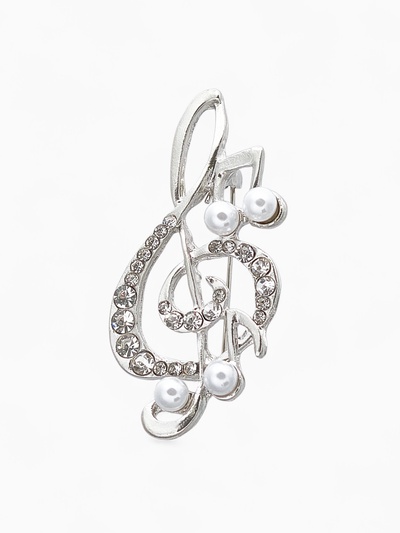 Брошь «Скрипичный ключ» с жемчужными нотками, цвет белый в серебре