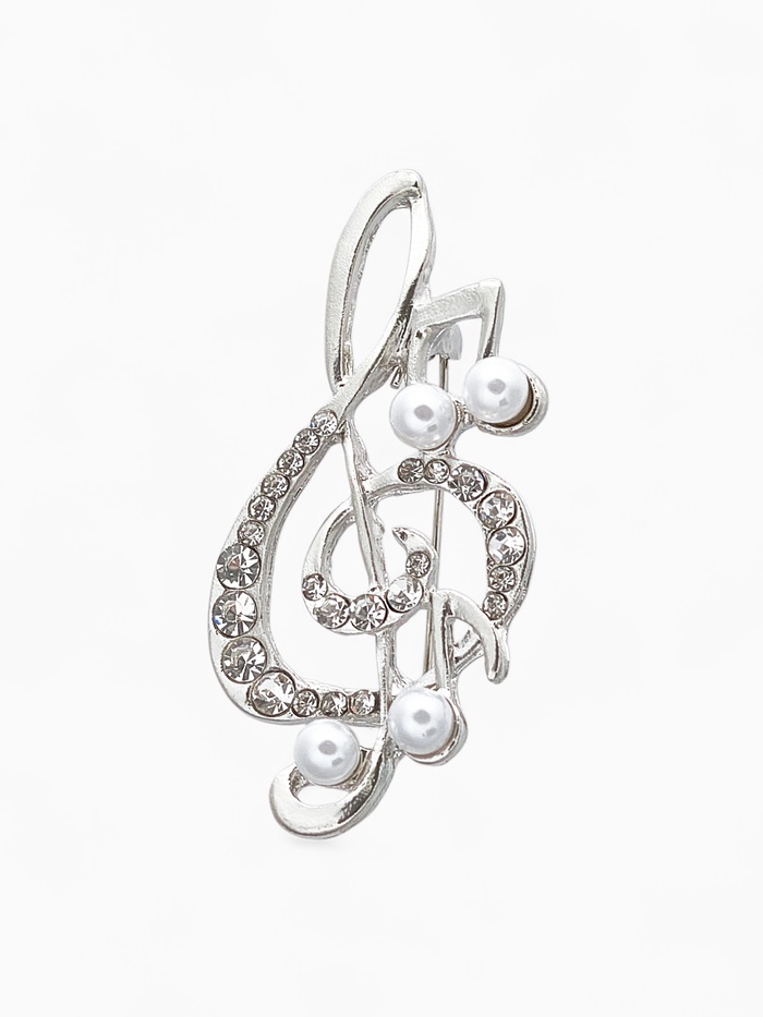 Брошь «Скрипичный ключ с жемчужными нотками», белая в серебре - Фото 1
