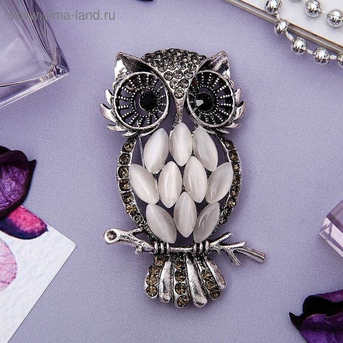 Брошь «Сова таёжная», цвет серый в чернёном серебре - Фото 1