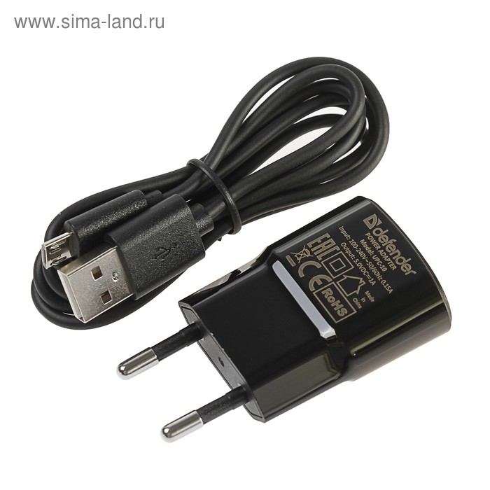 Сетевое зарядное устройство Defender, USB, 1 А, кабель micro USB, 1 м, черное - Фото 1