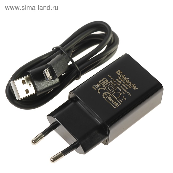 Сетевое зарядное устройство Defender, USB, 2 А, кабель micro USB, 1 м, черное - Фото 1