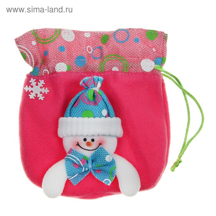 мешок для подарков 15*16 с снеговик в шапочке розовый - Фото 1