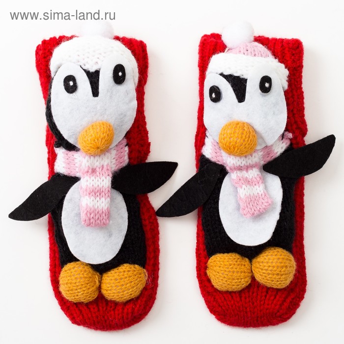 Носки новогодние детские вязаные, «Пингвин 3Д», цвет красный, размер 14-16 - Фото 1