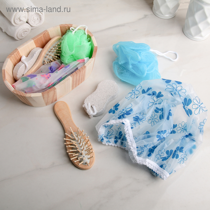 Набор банный, 4 предмета: расчёска, мочалка, пемза, шапочка для душа, цвет МИКС - Фото 1