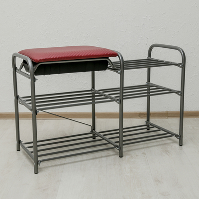 Этажерка для обуви с сиденьем и ящиком «Люкс», 3 яруса, 79×33×50 см, цвет красный/серебро