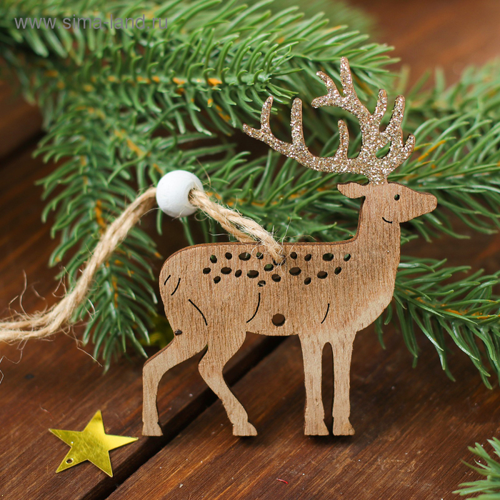 Елочная игрушка «Золотой олень», деревянная - Фото 1