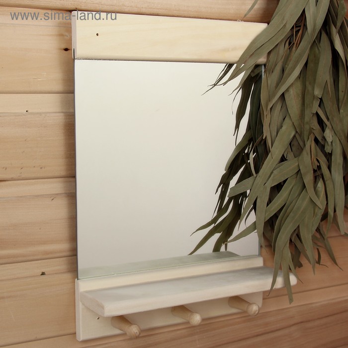 Полка - вешалка для бани и сауны «Классика», 36×25 см, настенная с зеркалом, липа, 3 крючка, «Добропаровъ» - Фото 1