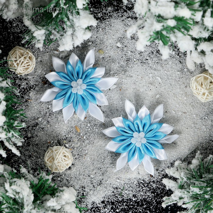 Бант для декора "Снежинка Канзаши №7", бело-голубая, D=7 см, 2 шт - Фото 1