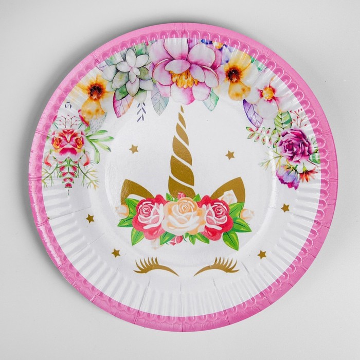 Тарелка бумажная «Единорог и цветы», набор 6 шт., цвет розовый - Фото 1