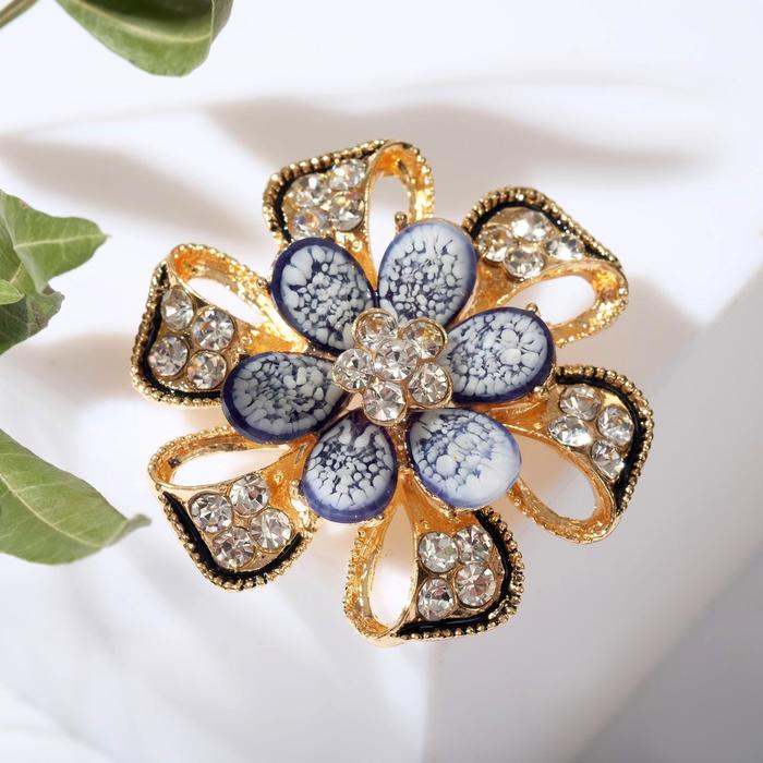 Брошь «Цветок», цвет бело-синий в золоте - Фото 1