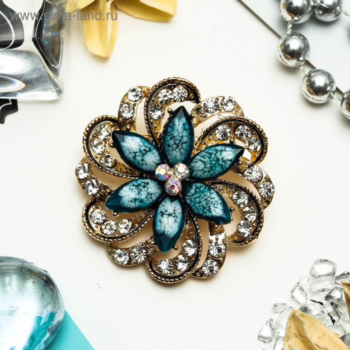 Брошь «Цветок» двойной, цвет бело-морской в золоте - Фото 1