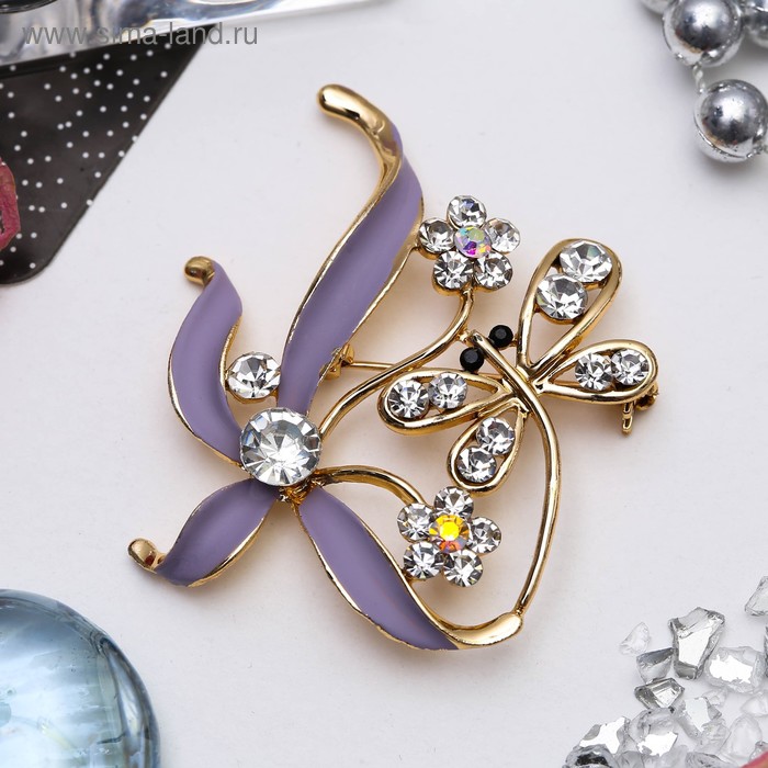 Брошь «Стрекозка» в цветах, цвет сиренево-белый в золоте - Фото 1