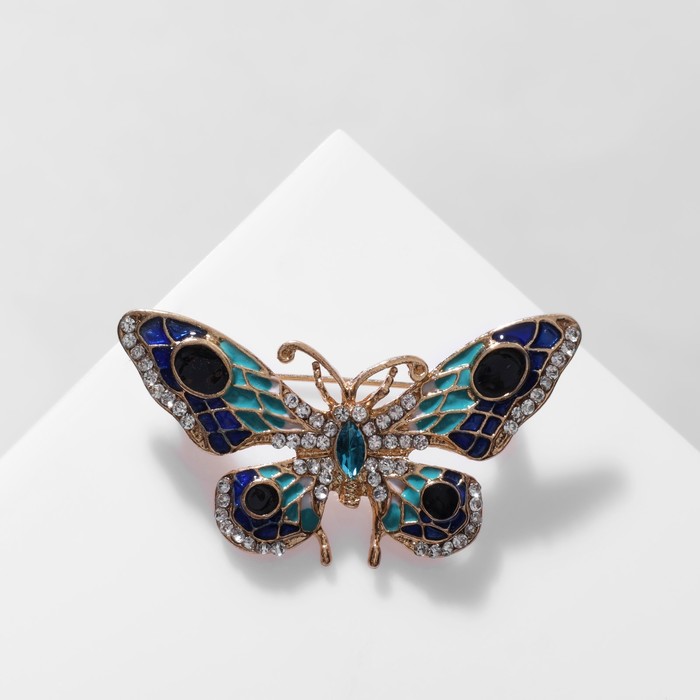 Брошь «Бабочка» павлиний глаз, сине-бирюзовая в золоте - Фото 1